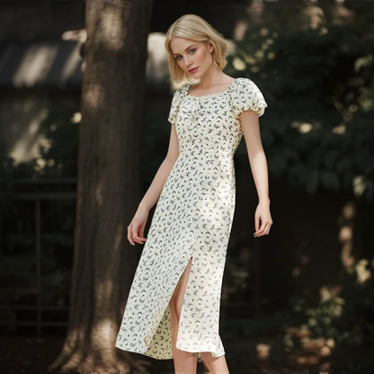 Dress Split Bubble Sleeve Medium Long Dress Summer New Square Neck Chiffon Dress Romantic