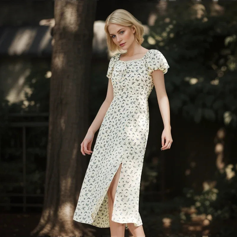 Dress Split Bubble Sleeve Medium Long Dress Summer New Square Neck Chiffon Dress Romantic