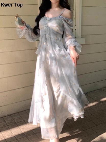 French Print Fairy Long Dresses Autumn New Ruffles Aline Party Birthday Vestidos Female One Piece Clothes