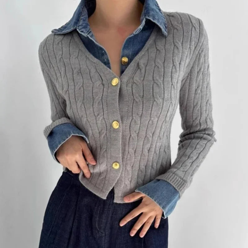 Contrast Color Denim Patchwork Longsleeved Cardigan Autumn New Polo Collar Multi Buttons Knitted Tops