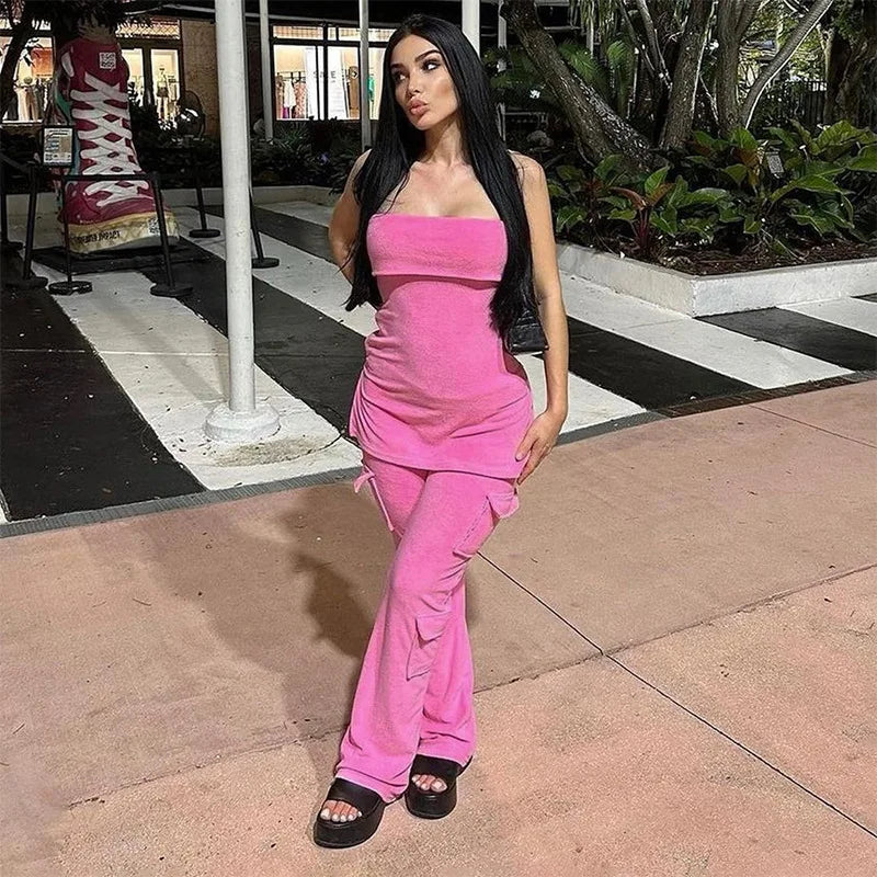 Velvet Street Two Piece Pant Set Strapless Crop Top Pocket Flare Pant Female 2 Piece Outfit New in Matching Set