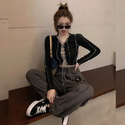Black Front Bow Tied Shirt Y2k Crop Tops Ruffle Long Sleeve Tee Basic Shirts and Blouses Clothing Brand