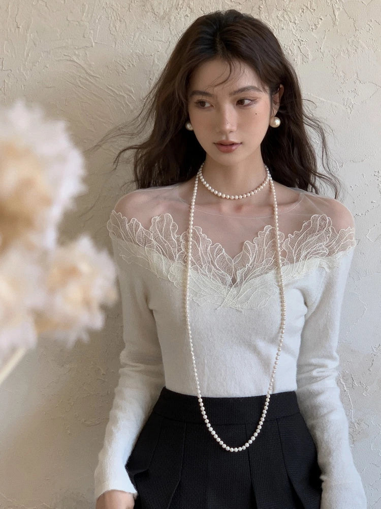 White Off Shoulder Knit Sweater Lace Transparent Mesh Long Sleeve Crop Pullovers Fairycore Aesthetics Clothes