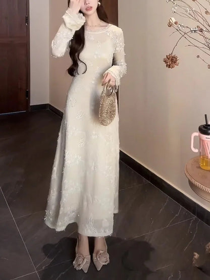 Lace Midi Dress for French Flare Sleeve Slim Aline Long Dresses Autumn Vestidos Female Clothing New