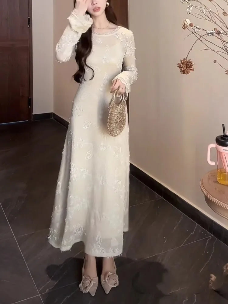 Lace Midi Dress for French Flare Sleeve Slim Aline Long Dresses Autumn Vestidos Female Clothing New