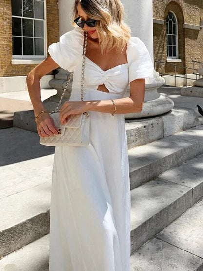 White Square Collar Puff Sleeve Long Dress for Slim A-line Twist Hollow Out Cotton Dresses Autumn