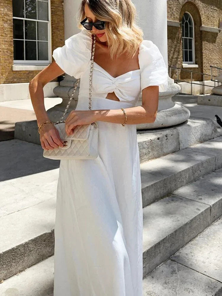 White Square Collar Puff Sleeve Long Dress for Slim A-line Twist Hollow Out Cotton Dresses Autumn