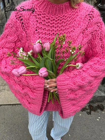 Knit Oversize High Neck Jumper Sweater Lazy Round Neck Ribbed Pullover Female Autumn Winter Thick Warm Lady Knitwear