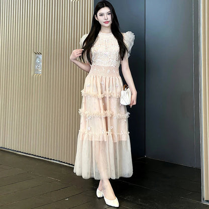 Temperament Flying Sleeve Embroidery Long Maxi Dress for Lace Splicing Mesh Party Dress