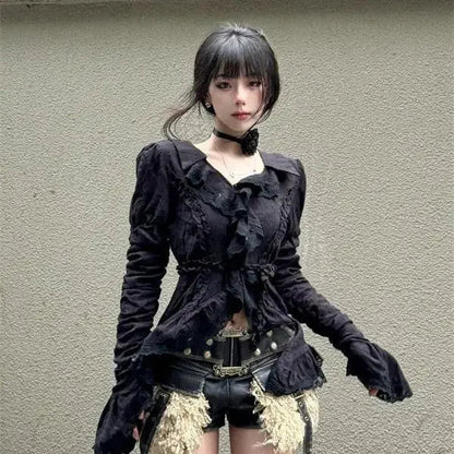 Pleated Blouse Ruffled Slim Harajuku Ruffled Tops Y2k Aesthetic Lace Patchwork Black Shirts De Mujer