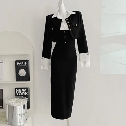 Y2k 3-piece Set Crop Coat Blazer White Shirt Halter Sleeveless Bodycon Midi Dress Autumn New Female Korean Outfits