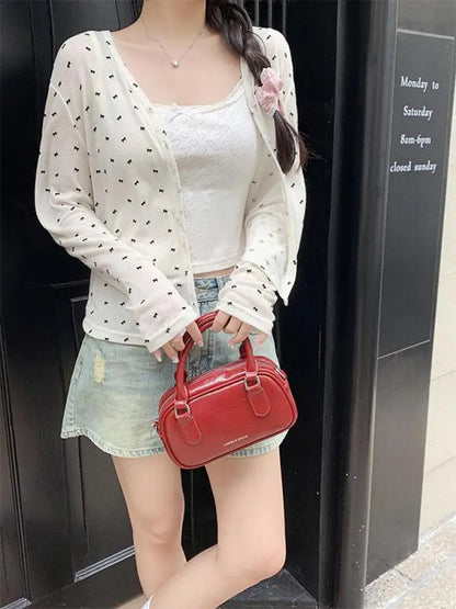 French White Bow Print Long Sleeved Knitted Sweater Spring Autumn New Gray Versatile Cardigan Tops Clothes Trend