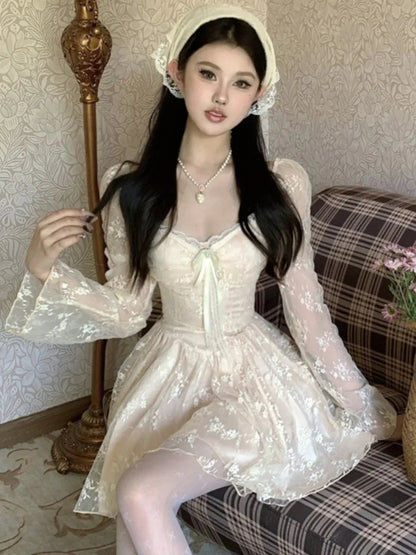 Sweet Fairy Dresses Lace Patchwork Bow Laceup Square Collar Flare Long Sleeve Party Mini Dress Short Vestidos