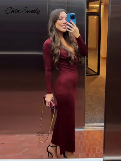 Hang Neck Burgundy Long Party Dress Halter Full Sleeve Maxi Dresses Autumn Lady Slim Hip Package Gowns New