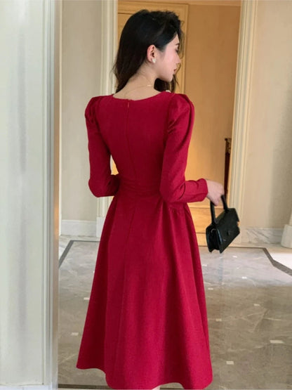 Autumn Red Midi Dresses for Long Sleeve Diamonds Square Collar Slim Waist Aline Party Dress Female Clothing New