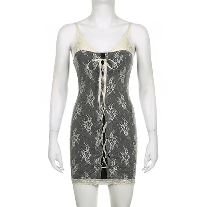 Crochet Lace Patchwork Mini Dress Sleeveless Bodycon Dresses Party Robe Coquette Y2k
