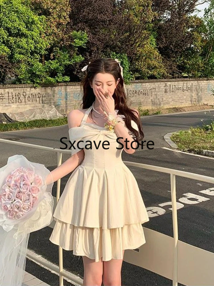 Summer Y2k Mini Dress Sweet Even Party Dress Office Lady Kawaii Clothing Bow Birthday Dress Korean