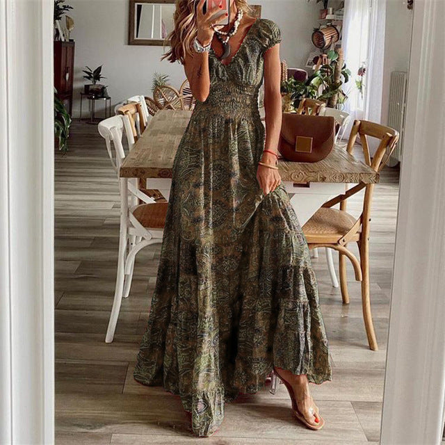 Print Long Dresses V-neck Elastic Waist Short Sleeves Vacation Style Dress Female Vestidos