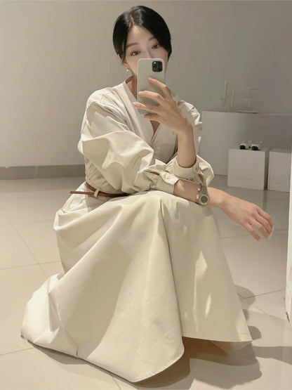 Korean V-neck Midi Dresses for With Belt Long Sleeve A-line Office Lady Autumn New Female Clothing