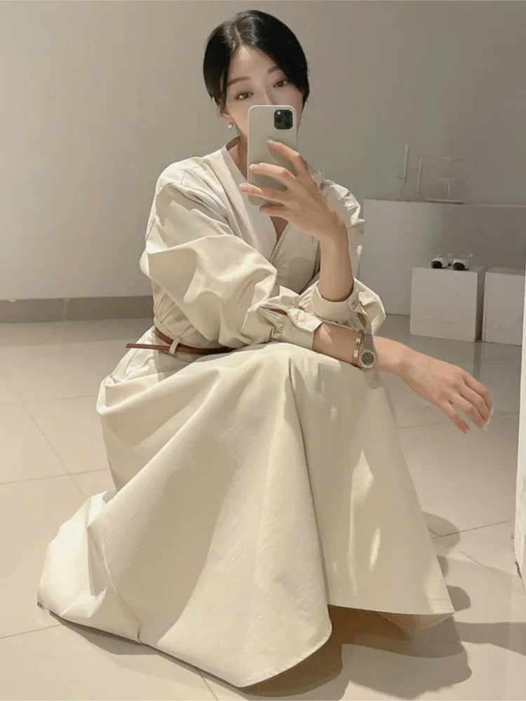 Korean V-neck Midi Dresses for With Belt Long Sleeve A-line Office Lady Autumn New Female Clothing