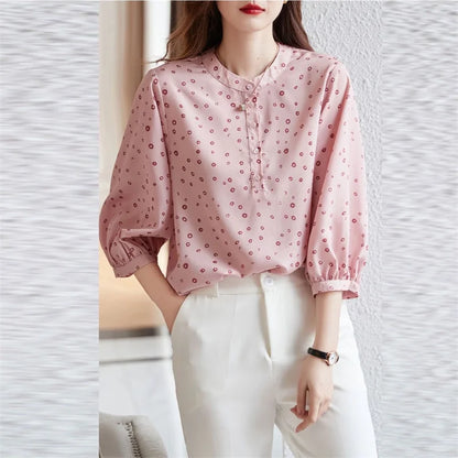 Woman Spring Summer Style Blouses Tops Lady Half Sleeve Stand Collar Polka Dot Printed Blusas Tops Df4474
