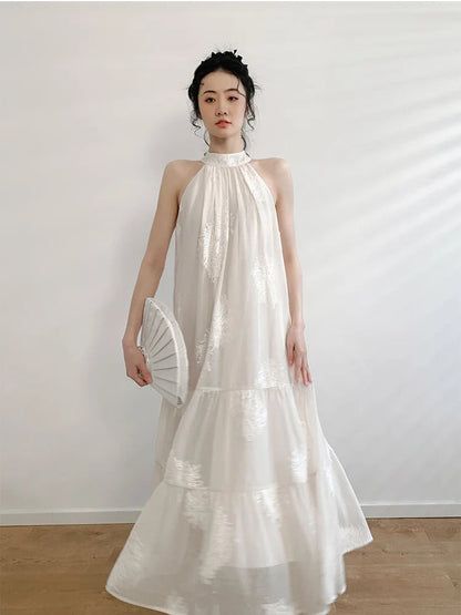 French Apricot Embroidery Printed Dress Spring Summer Sleeveless Hanging Neck Aline Dress Midi Dresses