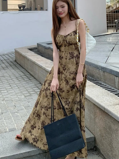 French Printed Midi Dresses for Spaghetti Strap Corset Slim A-line Summer New One Piece Vestido Mujer