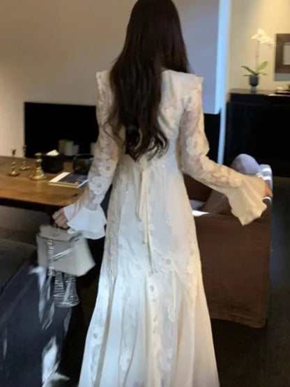 Party Dresses Woman Autumn Laceup Vneck Flare Sleeve Evening Party Long Dress Vestidos Robe Female Clothing New