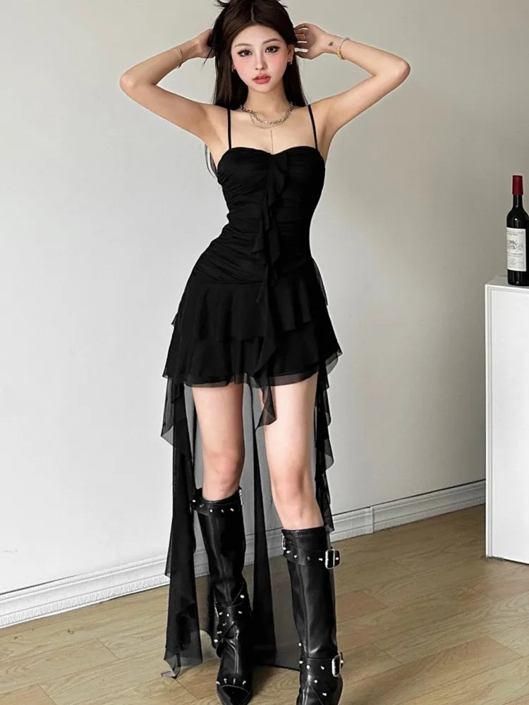 Y2k Irregular Ruffles Spaghetti Strap Summer New Midi Dresses for Birthday Party Dress Club Prom Robe Vestidos Mujer
