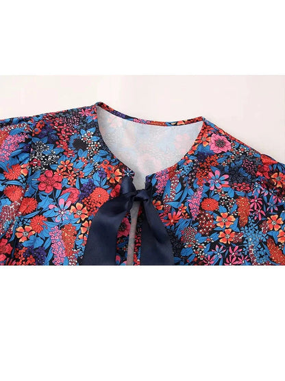 Woman Printed Blouses Top Lace Up Round Neck Short Sleeves Tshirt Female Flounce Cropped Tops