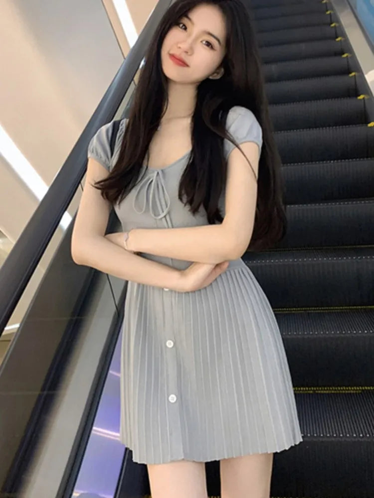 Knitted Dresses for V-neck A-line Pleated Mini Dress Korean Autumn Knitting One Piece Vestido Mujer New