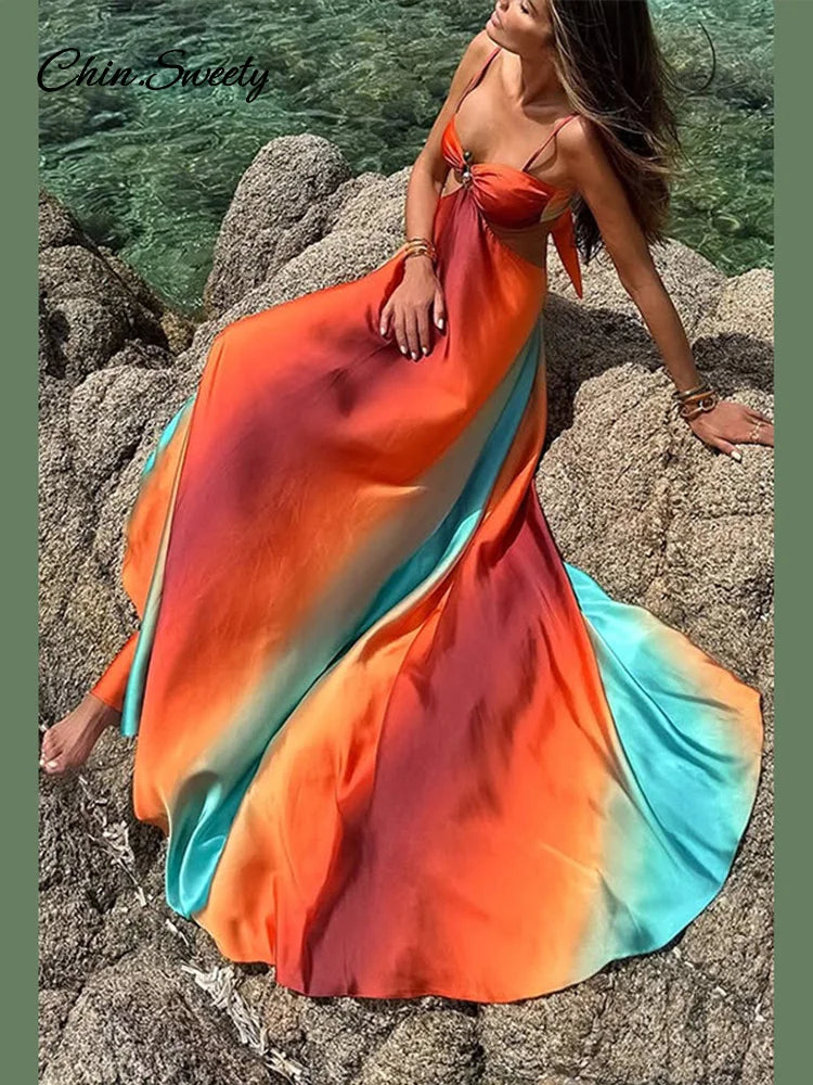 Slip Gradient Long Dress Satin Backless Cut Out Beach A-line Dresses Summer Lady Pleat Vacation Robes
