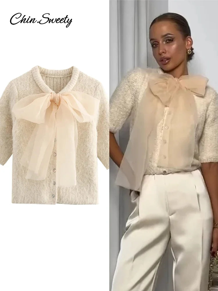 Mohair Knitted Short Sleeve Cardigan Lace Bow Single Breasted O-neck Slim Sweater Autumn Winter Lady Knitwear