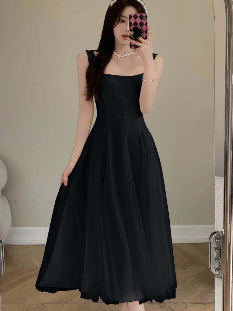 Summer Spring Fairy Dresses Mesh Patchwork Square Collar Sleeveless Evening Party Midi Dress Female Vestidos Robe