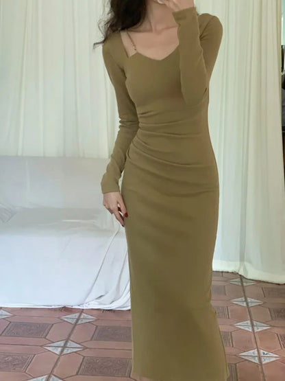Chain Square Neck Long Sleeves Midi Dresses Spring New French Bodycon Evening Party Female Clothing