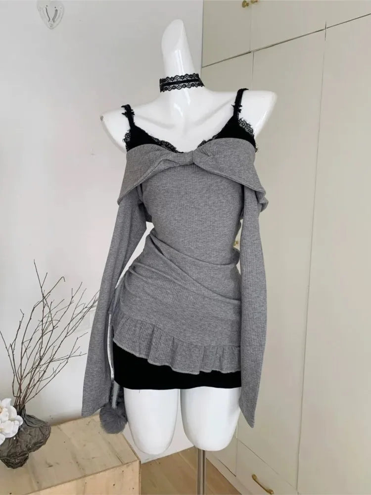 Y2k Lace Two-piece Set Mini Dresses for Spaghetti Strap Knitted Underdress Korean Party Dress Female Vestidos