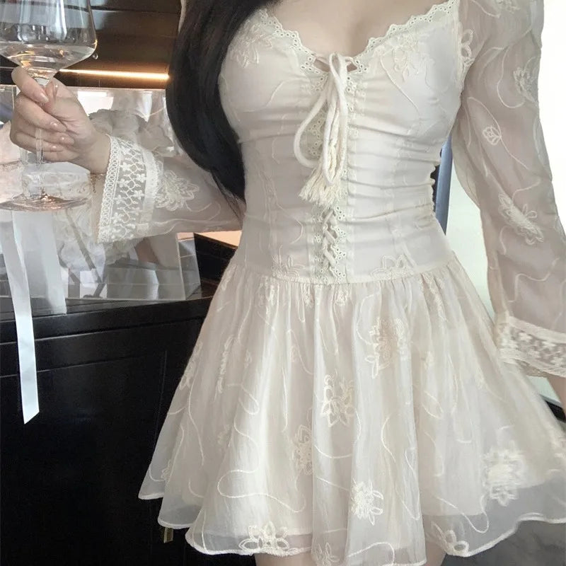 Lace Mini Dresses Spring Autumn V Neck Dress Korean Aline Vestidos Mujer