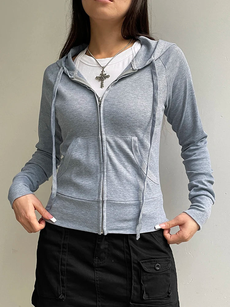 Gray Slim Zip Up Jackets Hoodies for Pockets Long Sleeve Ribbed Simple Basic Preppy Sweatshirts