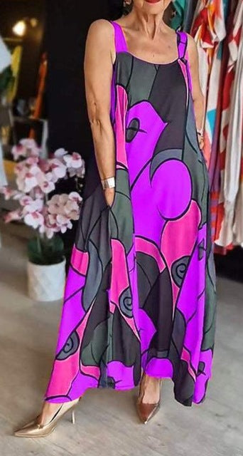 Print Spaghetti Strap Dresses Pocket Loose Long Dress Lady Commuting Clothing Maxi Vestidos Summer New