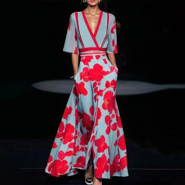 Print Party Long Dresses V-neck Half Sleeves Temperament A-line Evening Dress Female New Commuting Vestido