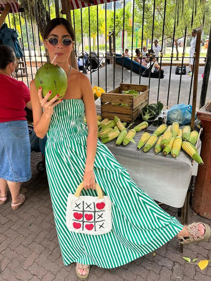 New Green Stripes Maxi Dress Tube Long Beach Dress Off Shoulder Backless Summer Bust Elastic Dresses
