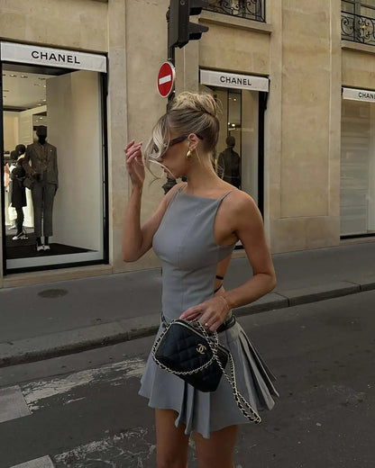 High Street Backless Bandage Pleated Dress Slit Sleeveless Bodycon Mini Dress New Summer Party Dress