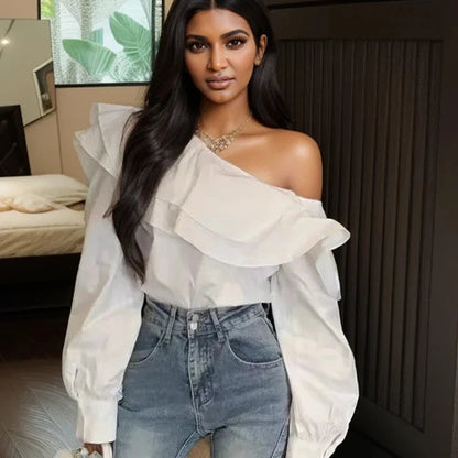 Off-shoulder Ruffled White Blouse
