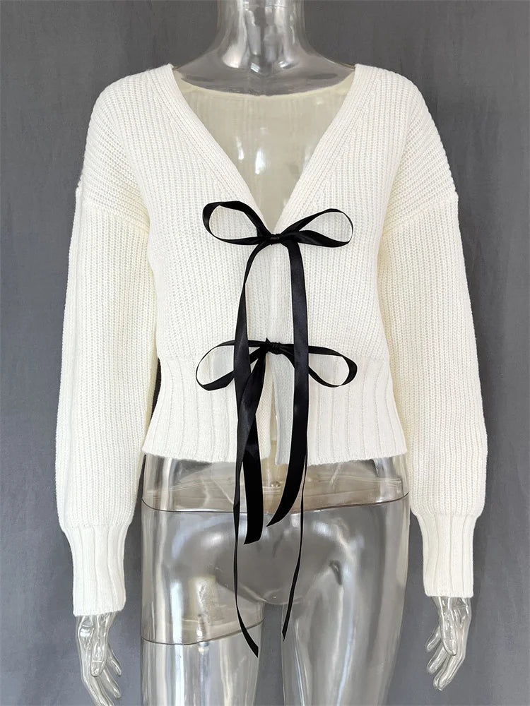 Autumn Knit Sweater Cardigan for Tee Bow Hollow Out Ribbed Patchwork Lace-up Top Female Knitwear Cardigan