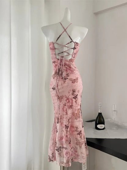 Bodycon Backless Bandage Long Dresses for Summer Printed Spaghetti Strap Laceup Party Dress Prom Vestidos