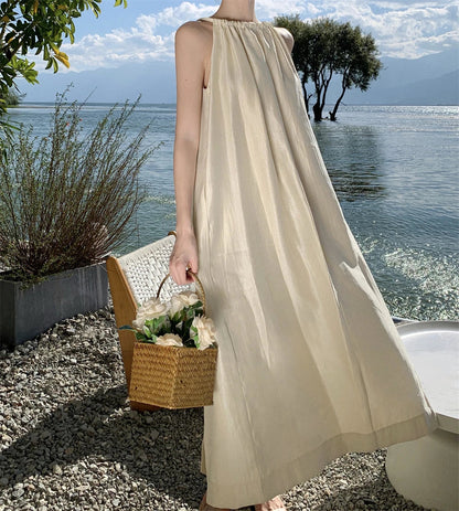 Apricot Hanging Neck Round Neck Sleeveless Pleated Long Dress Summer Temperament Loose Halter Dress