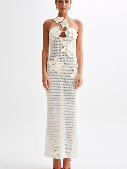 See Through Crochet Knit Maxi Dress for Halter Sleeveless Backless Party Long Dress Beachwear New