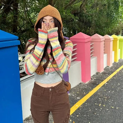 Striped Short Knitted Cardigan Spring and Autumn New Gentle Soft Glutinous Sweater Coat Slim Design Top