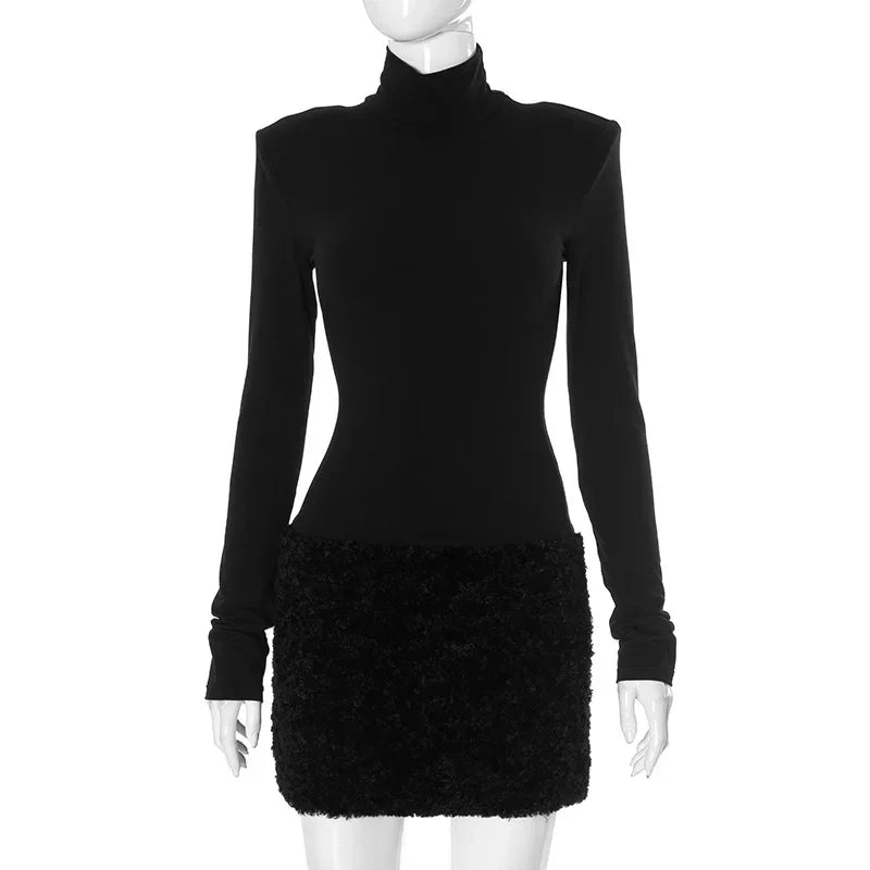 Turtleneck Long Sleeve Furry Mini Dress Female High Waist Splice Holiday Party Dress Slim Outfits New