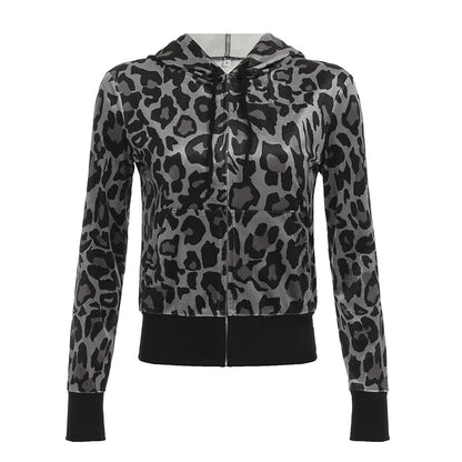 Leopard Print Velvet Hoodie Grunge Loose Zipup Hooded Sweatshirts Y2k Contrast Patchwork Cardigan Retro Thin Coat New